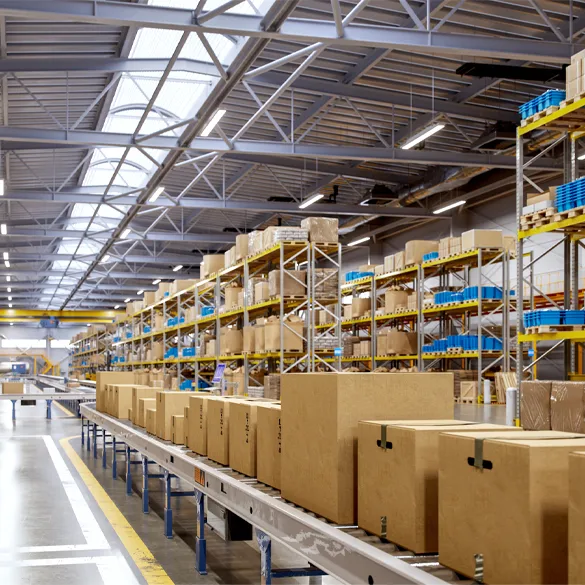 Warehouse with conveyor system and packaged inventory illustrating middle market business operations.