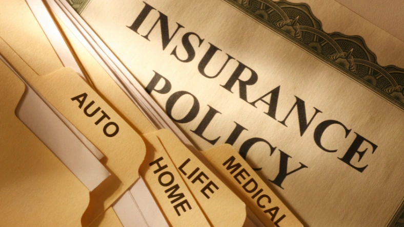 Insurance policy documents with labeled sections for auto, home, life, and medical coverage.