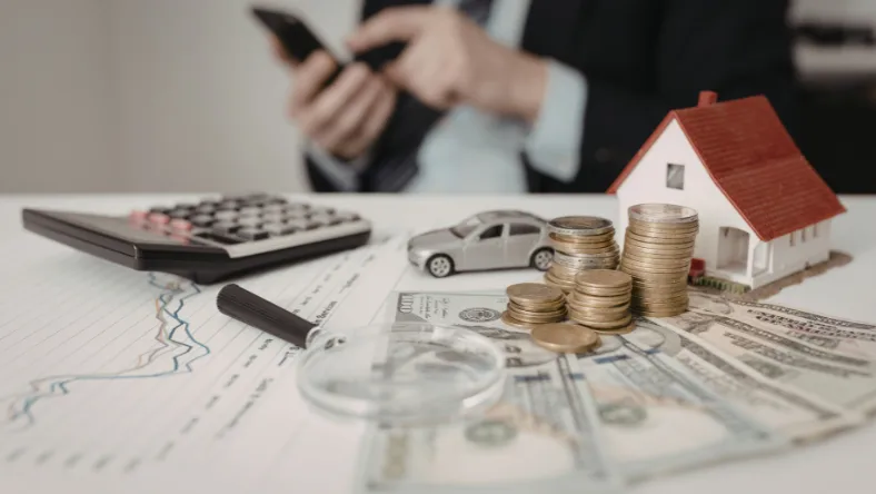 Stacks of coins, cash, a toy house, and a toy car on a desk with financial charts and a calculator, representing assets and net worth.