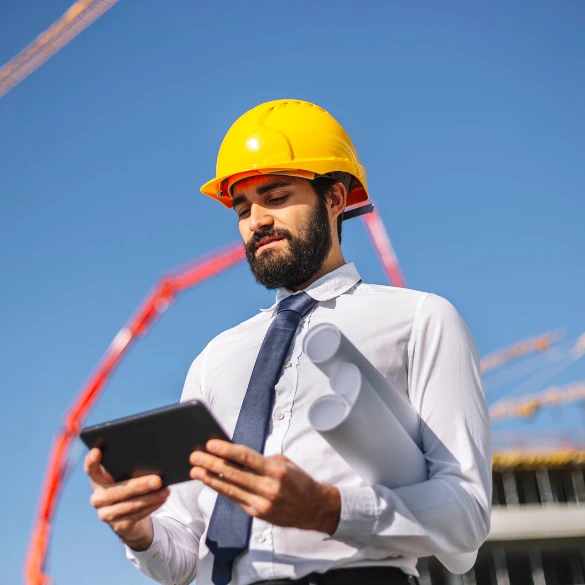 Construction worker at site holding blueprints and looking down at mobile device.