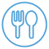 Blue outline icon of a fork and spoon inside a circle