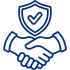 Icon of two hands shaking beneath a shield with a checkmark, representing trust and security.
